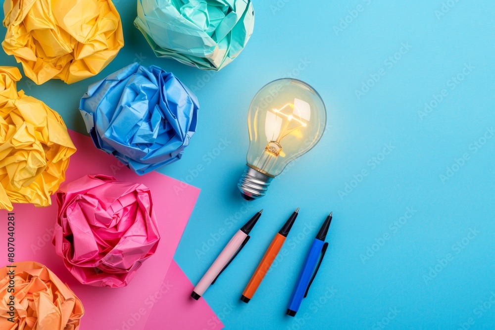 Poster a glowing light bulb sits amidst a cluster of crumpled paper balls, symbolizing the birth of a creat