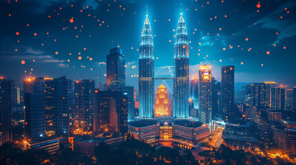 Obraz premium Digital network connection lines of Kuala Lumpur Downtown, Malaysia. Financial district and business centers in smart city in technology concept. Skyscraper and high-rise buildings at night.