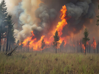 Forest fire, natural disaster, rampant fire burning trees and grass. Smoke from a fire over the forest.