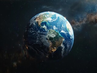 Futuristic 3D render of Earth with decreasing carbon budget, dynamic data overlays, immersive experience