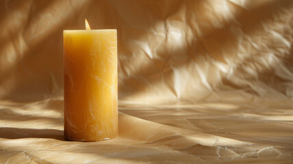 A lit beige candle on textured surface