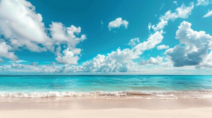 Fototapeta na wymiar Beautiful empty tropical sea ocean beach with white clouds on blue sky background generative ai