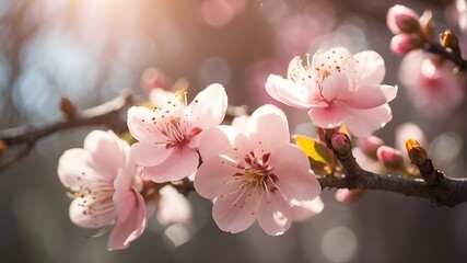 A blossom on a tree branch with ambient sunlight and bokeh creating a hazy background