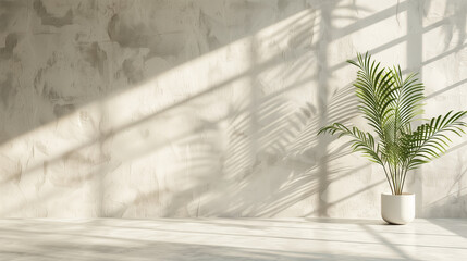 Minimalist Scandinavian interior with vase and delicate floral arrangement casting soft shadows on simple beige wall background. Empty copy space for design. Generative AI