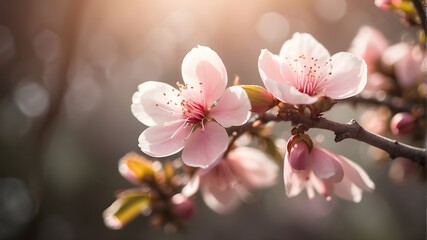A blossom on a tree branch with ambient sunlight and bokeh creating a hazy background