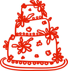 Wedding cake in classic style with floral decorations. Isolated illustration in red color. A holiday dessert in a whimsical hand-drawn style. Suitable for invitations, posters, banners