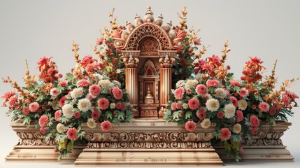 A beautiful flower arrangement with a statue in the middle