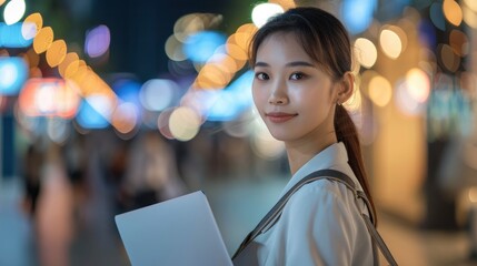 Obraz premium A Young Asian Businesswoman, Carrying A Laptop, Symbolizes Business Mobility, Background HD For Designer 