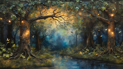 Encaustic painting: A whimsical, enchanted forest, with gnarled trees, twinkling fireflies, and a...