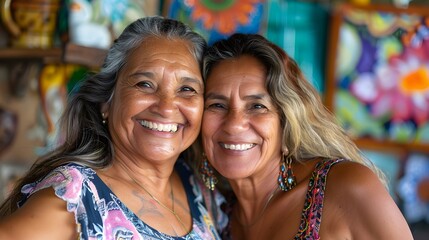 Latina Elder Mom and old daughter smiling in a hug. woman celebrating. Happy mothers day.
