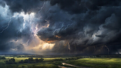 Glaze painting: A dramatic, stormy sky, with dark clouds billowing and streaks of lightning...