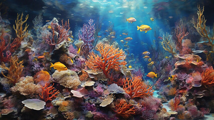 Fototapeta na wymiar Glaze painting: A captivating, underwater world, featuring colorful coral reefs, schools of fish, and a sense of depth and mystery, all painted in the transparent, layered colors 