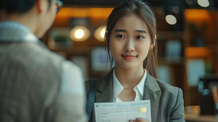 A Young Asian Businesswoman Receives Her Salary Or Bonus From Her Boss Or Manager, Background HD For Designer        