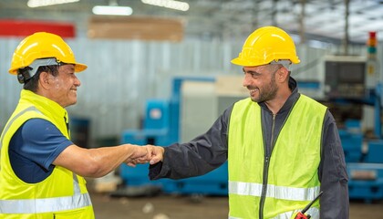greeting by handshake touch fist and elbow of two engineer supervisor partnership in old factory....