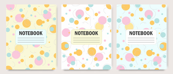Cover design for notebooks or diaries with an abstract pattern of circles and bubbles. Template for covers of diaries, albums, notebooks, and other printed materials. Vector illustration.
