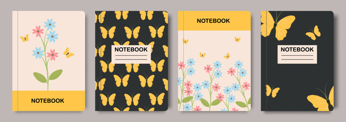 Back to school, vector covers for diary and notebook. Background design with botany elements, with flowers and butterflies. Children's botanical flat design hand drawn illustration for cover template.