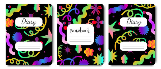 A collection of cover templates for notebooks and diaries in a modern trendy abstract gradient style with geometric shapes. Goods for school and education.