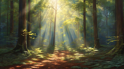 Glaze painting: A mesmerizing, sunlit forest scene, with rays of light filtering through the dense canopy, casting dappled shadows on the forest floor, all rendered in the depth and luminosity