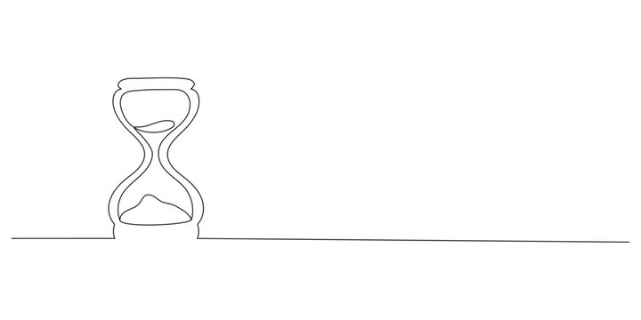 One continuous line drawing of an hourglass with sand flowing. Countdown concept in simple linear style. Doodle vector illustration