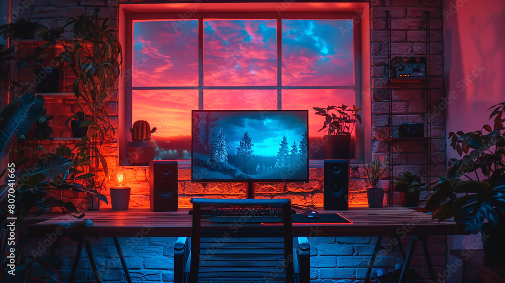 Aufkleber wide gaming console table image with colorful neon busy room background, pc computer screens with he