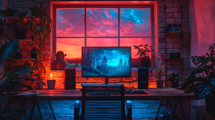 Wide gaming console table image with colorful neon busy room background, pc computer screens with headphones and accessories around