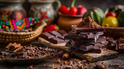 Deliciuos, Mexican chopped chocolate on a wood table, with mexican handcrafts