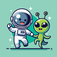 illustration of happy alien and astronaut dancing together