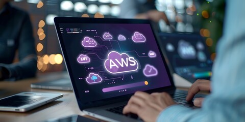 man working on a laptop with AWS web services holographic digital business hub device