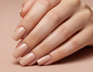 Woman hand with nude shades nail polish on her fingernails