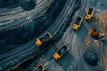An aerial view of a coal mining operation featuring a series of trucks in a convoy, illustrating the scale of the operation