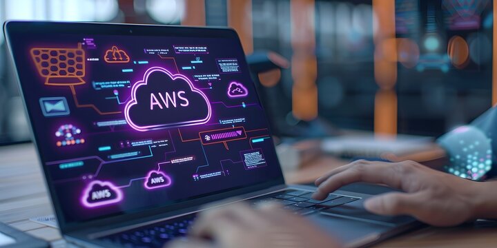 man working on a laptop with AWS web services holographic digital business hub device