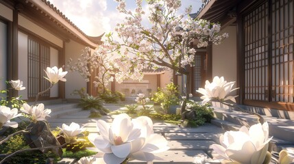 A beautiful garden with a tree in the middle and white flowers surrounding it