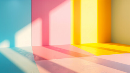 Fototapeta premium Minimalist colored room with sunlight casting sharp shadows. Minimal modern design. Empty copy space. Generative AI