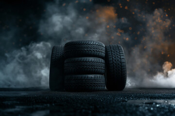 Tubeless car tires in a dark smoky room, side and backlight. Focus is in the center of the frame