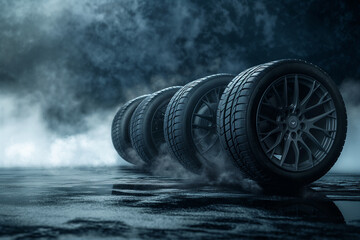 Car tires with rims in a dark smoky room, illuminated by side and backlight. Focus is in the center of the frame.