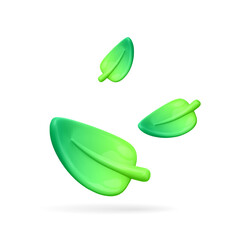 3d green leaf isolated. Eco concept. 3d ecology, organic, fiendly design concept. Composition of falling , floating abstract leaves. Cartoon vector illustration