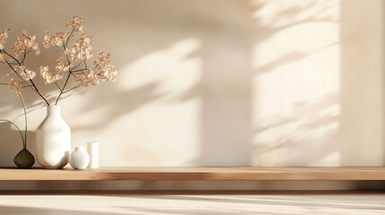 Warm sunlight casting shadows on a dried floral arrangement in a white vase and a ceramic jar on a wooden shelf against a textured wall. Background for design. Scandinavian. Generative AI