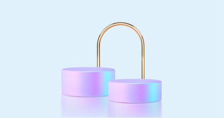 Hologram podiums and golden arch on blue background. Fluid holographic cylinder platform for product presentation. Abstract minimal 3d scene with stand base pedestal. Vector illustration