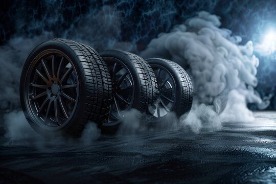 Car tires with rims in a dark smoky room, illuminated by side and backlight. Focus is in the center of the frame.