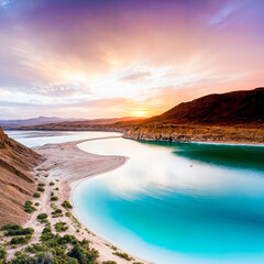 A scenic landscape with a turquoise lake surrounded by mountains and a colorful sunset sky