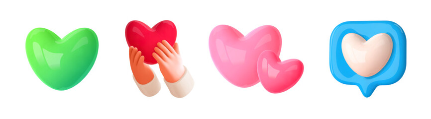 Set 3d heart icons. Hands hold or give red heart emoji, social media like, green and pink balloon friendly hearts. Concept love, health, charity,help, insurance. 3d design element. Vector illustration