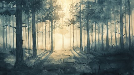 Capture the peaceful solitude of a pine forest at twilight, with shadows lengthening beneath the treesWater color,  hand drawing