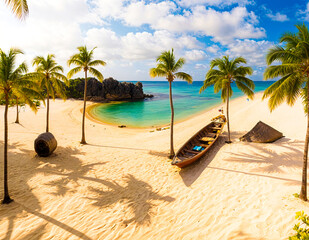 A tropical beach with a wooden dock, palm trees, and small boats in the turquoise