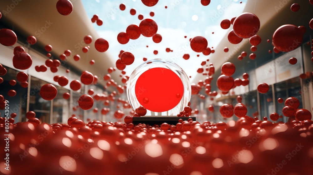 Poster a vibrant scene featuring floating red spheres surrounding a central red circle, creating a striking