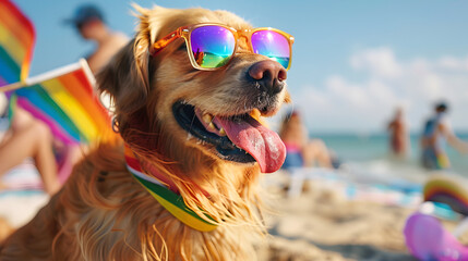 Happy golden retriever Labrador dog wearing mirrored multicoloured sunglasses on the beach during summer vacation. Pride month celebration with pets rainbow flags AI