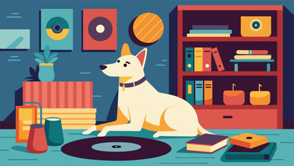 The record store owners dog a loyal companion and frequent visitor to the store lounges in the corner adding to the cozy and welcoming atmosphere. Vector illustration