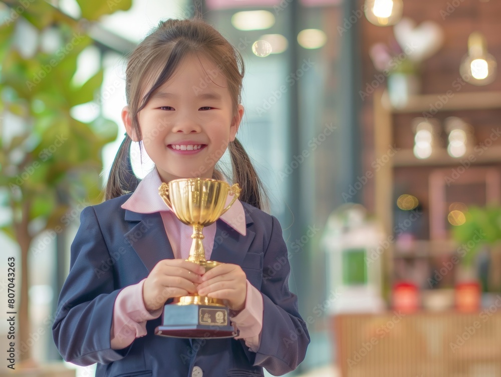 Wall mural A smiling proud 5 year old Asian girl with her blue luxury business suit confidently displays her gold trophy in a library setting, lifting it high in triumph.