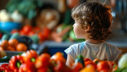 Unhappy child facing vegetables at modern kitchen table reflecting mealtime challenges. Concept Child's Fear of Vegetables, Mealtime Struggles, Modern Kitchen Photography, Childhood Anxiety