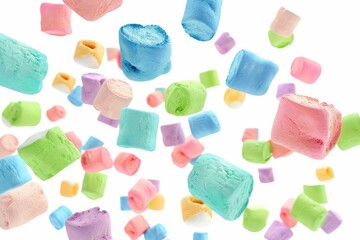 Colorful flying marshmallows isolated on white