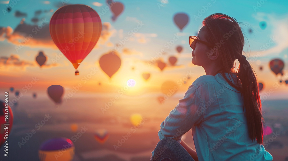 Wall mural traveler woman watching many hot air balloon at sunrise 